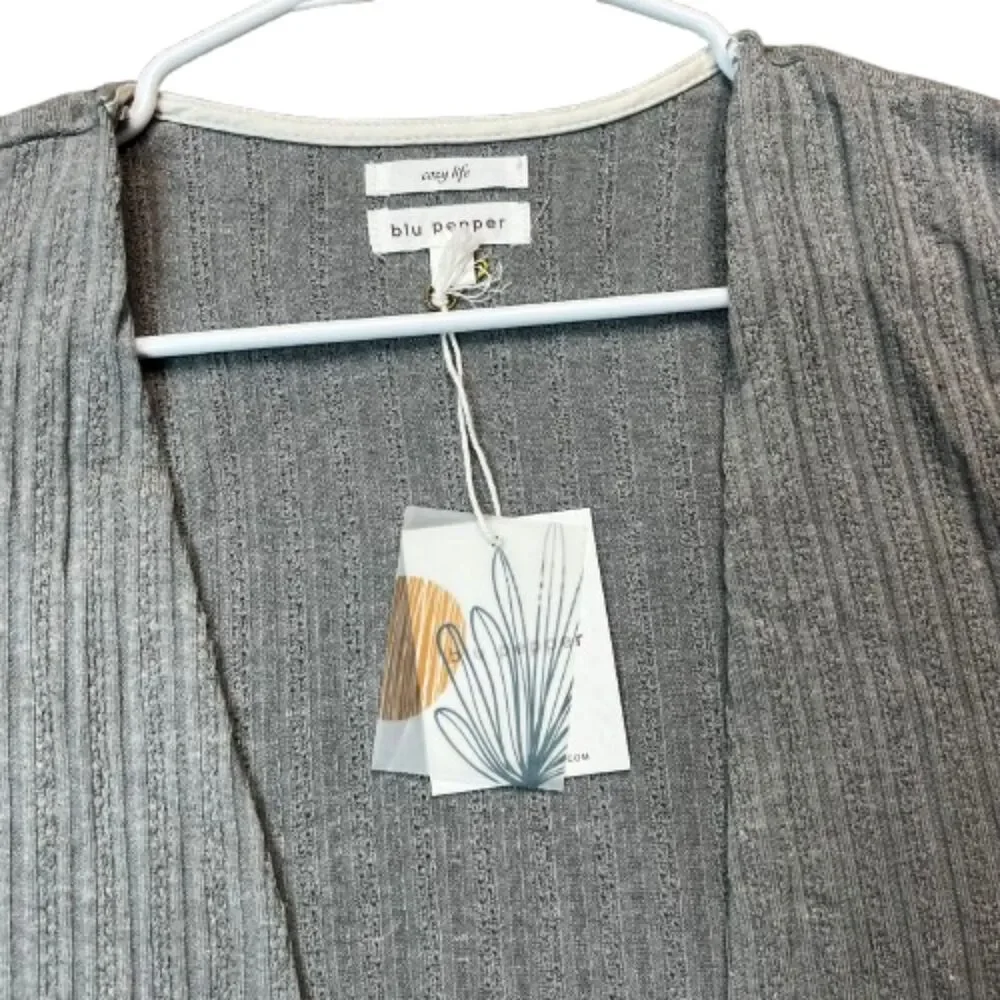 Blu Pepper NWT Open-Front Gray Ribbed Cardigan with Lace-Trim Pockets Size L